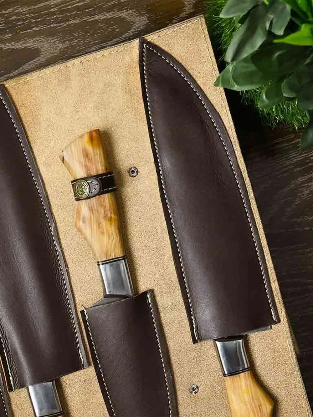 Damascus Kitchen Knife Set 5PC Olive Wood & Brass Handle Chef Knives
